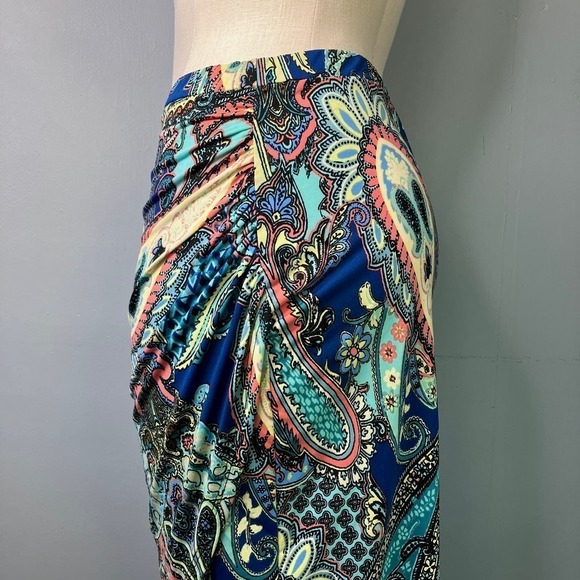 Sunny Leight Petites Blue Paisley Tulip Hem Faux Wrap Midi Pull On Skirt Size PL - Picture 3 of 13
